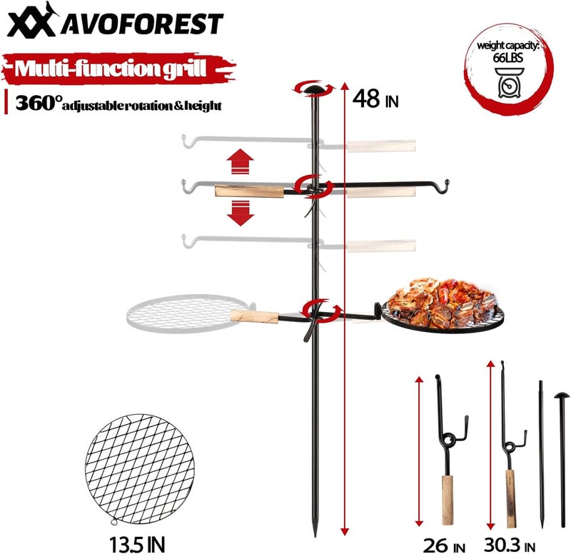 AVOFOREST Swivel Campfire Grill Grate Heavy Duty Camping Grill 360° Adjustable Over Fire Pit Grill for Outdoor Barbecue Camping Garden Dinner - 48" Rustproof Long Stakes - Image 2